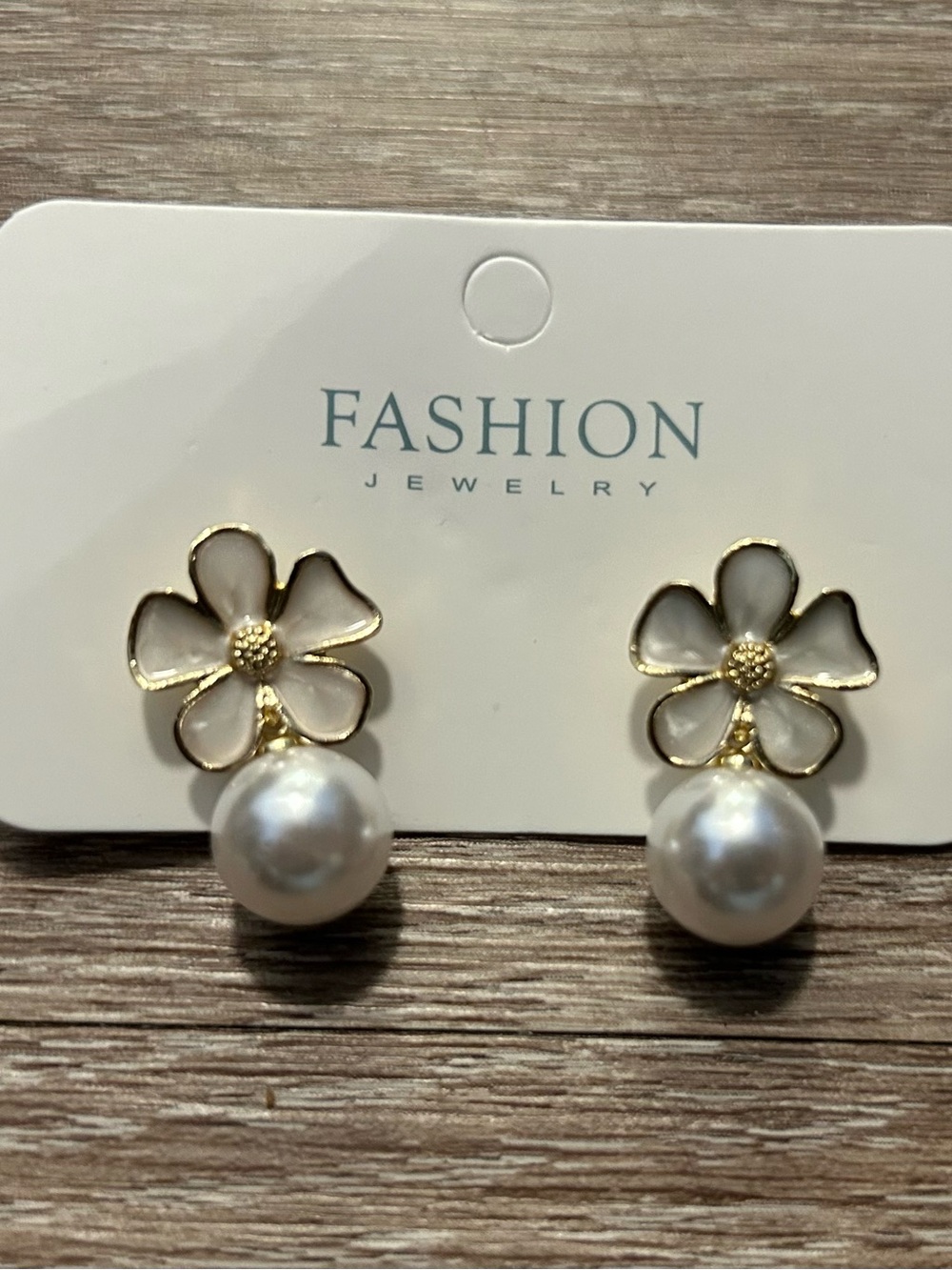 Gold and White Faux Pearl Flower Drop Earrings